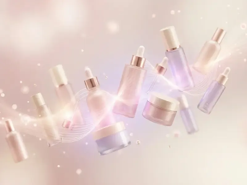 Ethereal arrangement of abstract skincare products in soft pastel tones